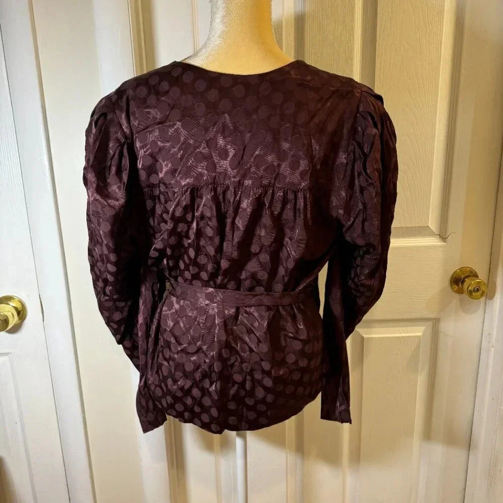 Happy X Nature Kate Hudson Deep Maroon Polka Dot Puff Sleeve Wrap Blouse - Picture 4 of 7